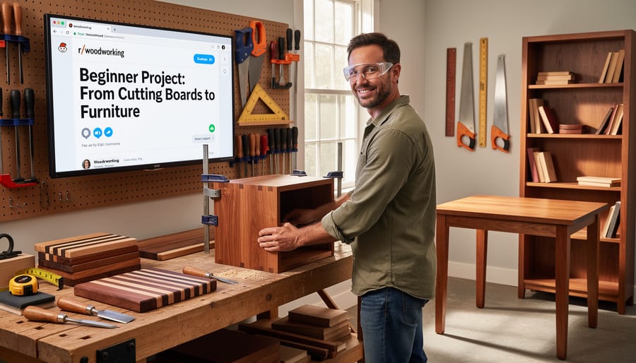 Three wooden projects showing progression from cutting board to chair frame on workbench