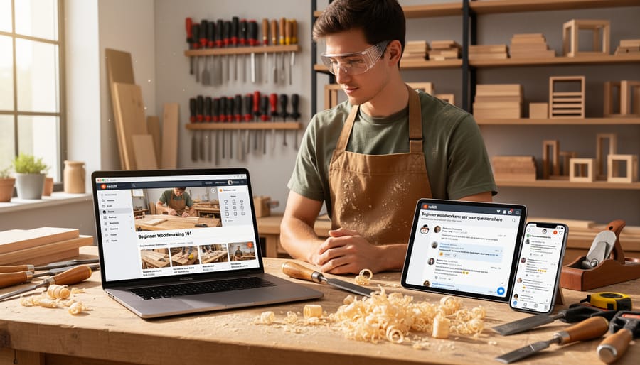 Beginner woodworker studying manual at workbench with laptop showing Reddit in background