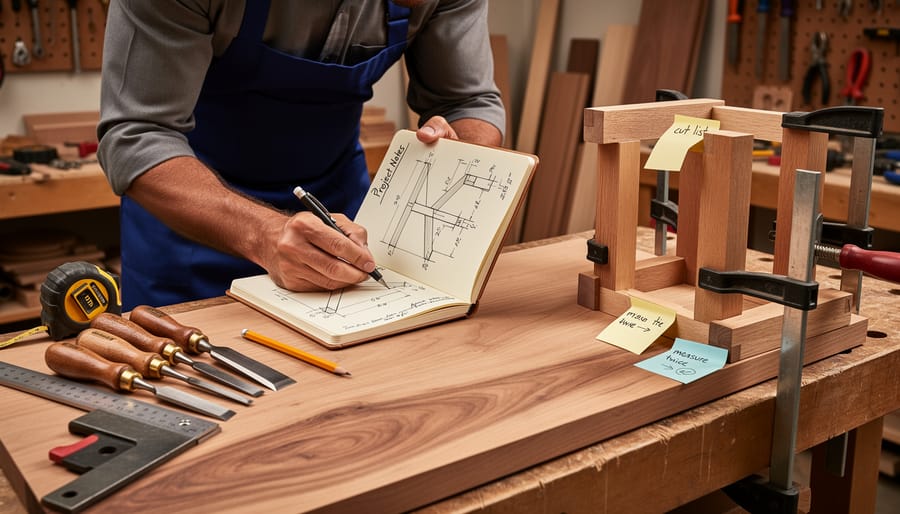 Woodworker's hands sketching joint design in notebook beside partially completed dovetail joint