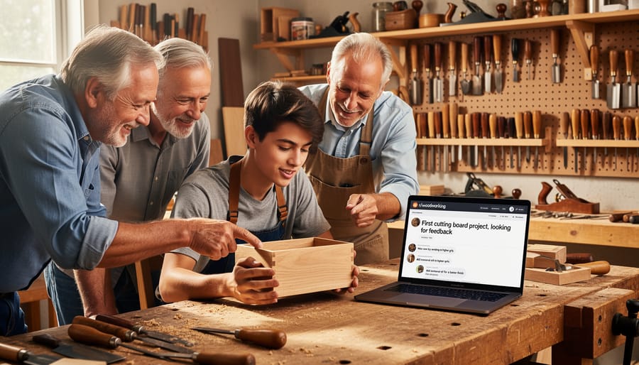 Multiple hands examining a handmade wooden cutting board on workshop table