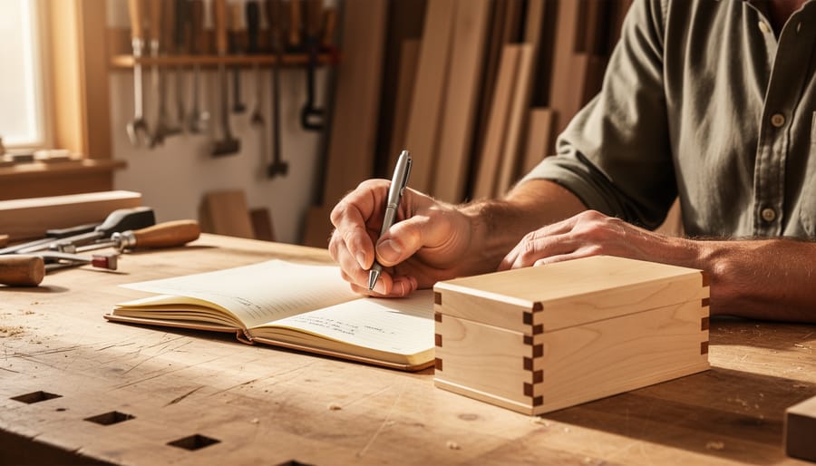 Hands of a woodworker writing in a journal beside a half-assembled dovetail box on a maple bench, with chisels, a square, and clamps in a softly lit, blurred workshop background.