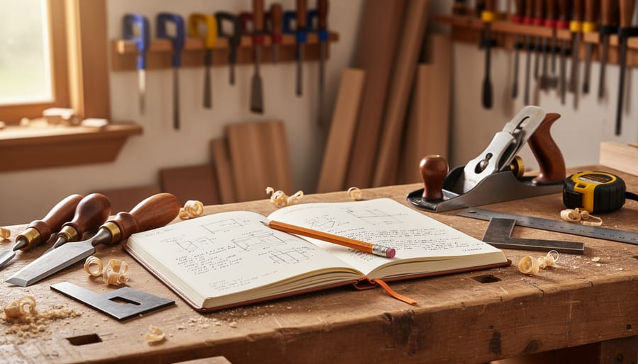 Open journal on wooden workbench surrounded by woodworking hand tools and wood shavings