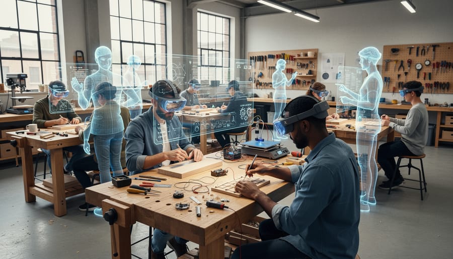 Woodworkers collaborating in a workshop with a person using an XR headset and a glowing wall display for remote partner presence