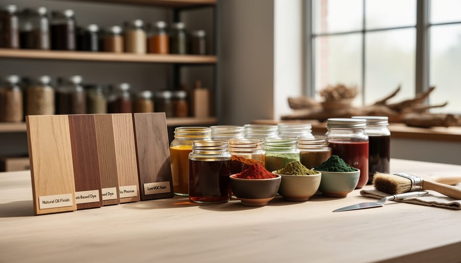 Woodwork shop shelf with natural finish jars, dyed wood samples, and a sanded wooden board