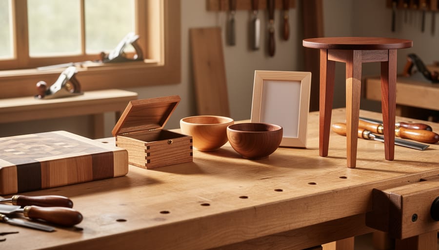 Artisans’ collaborative display featuring an oak charcuterie board with glass inlay, ceramic bowl, and leather coasters