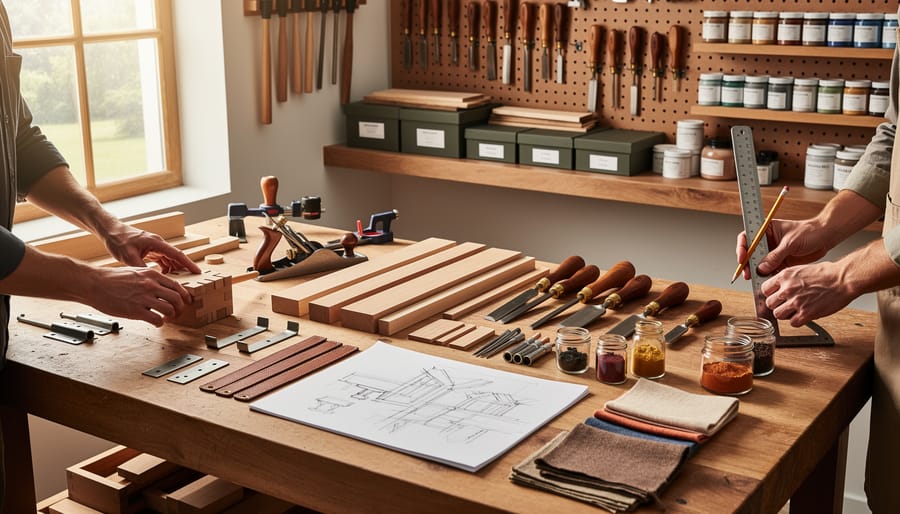 Woodworker’s hands working at a bench with mixed artisan materials like metal hardware, leather, and ceramic pieces nearby