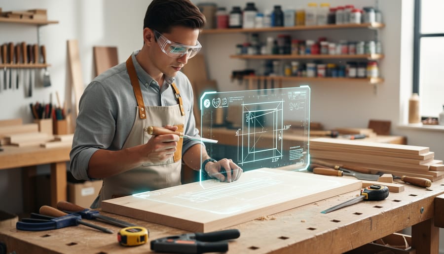 Person wearing an XR headset at a woodworking workbench with tools and a wooden block