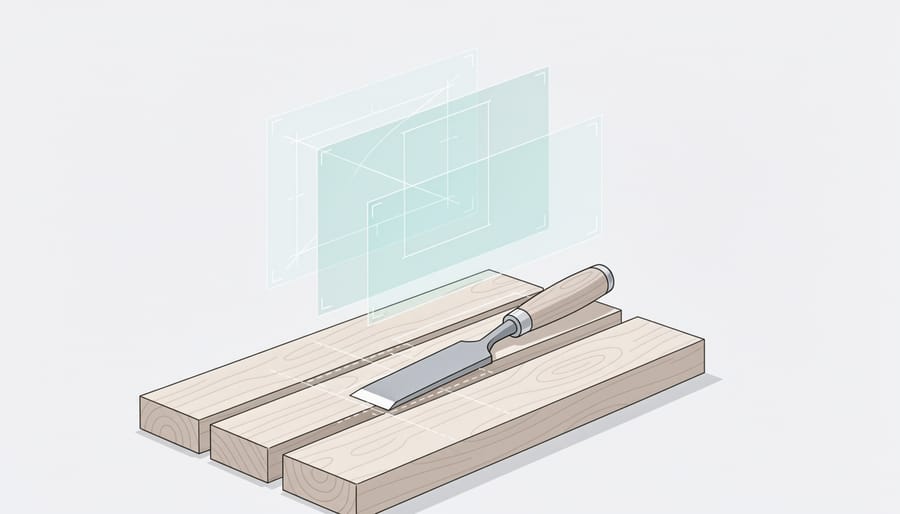 Woodworking chisel and cut plywood with a translucent holographic measurement overlay