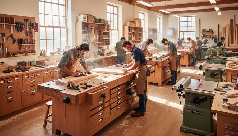 A co-op woodworking shop with neatly organized shared tools and storage along a workshop wall.
