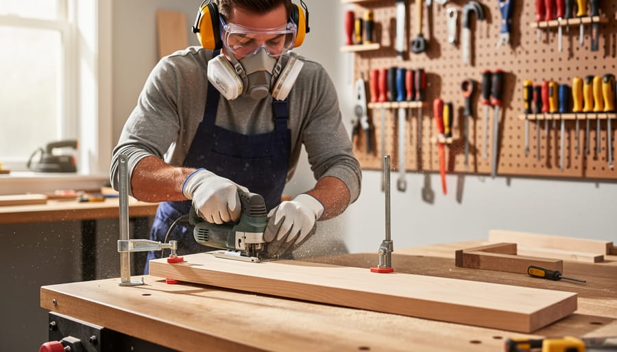 Beginner using a clamp on a wooden piece while wearing safety glasses and hearing protection