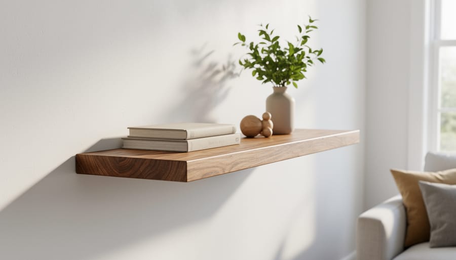 Completed small floating wooden shelf mounted on a wall holding a plant, books, and a framed photo