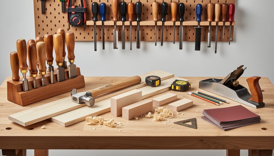 Organized beginner woodworking workbench with hand saw, drill, measuring tape, sandpaper, screws, and pine boards