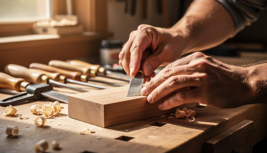 Person sanding a small wooden picture frame on a worktable with wood grain visible