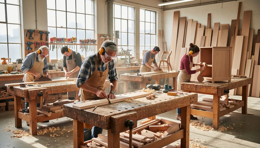 Three woodworkers collaborating at a shared workbench in a workshop, sanding and measuring wooden pieces.