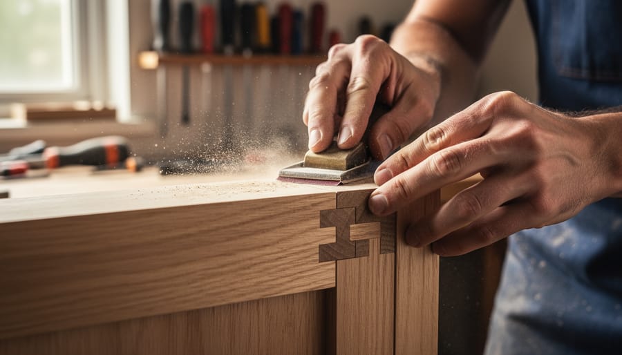 Close-up of hands sanding a wooden board on a workbench with joinery partially visible in the background.
