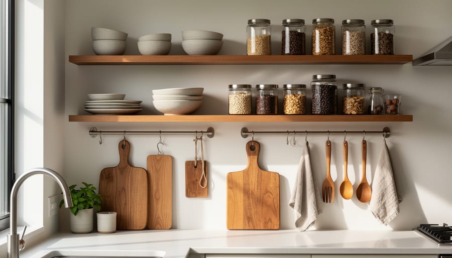 Handmade wooden utensil holder, spice rack, and trivet arranged on a kitchen wall display