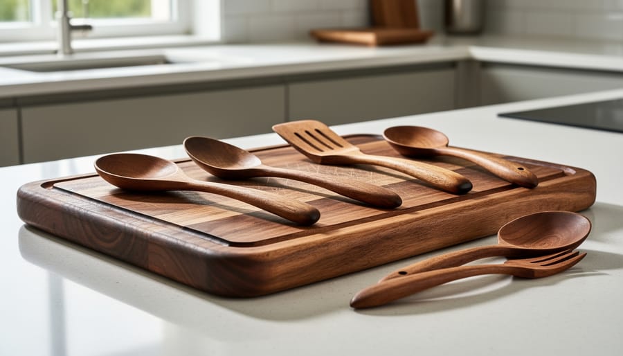 Finished walnut cutting board and wooden spoon set on a kitchen countertop in warm morning light