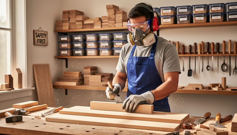 DIY woodworker sanding a wooden board with safety glasses and hearing protection in a workshop