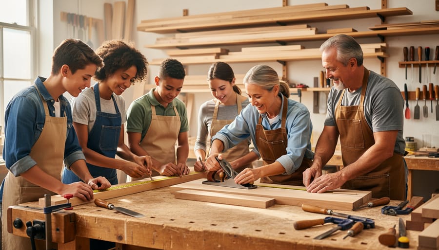 Woodworkers collaborating in a community workshop, assembling a wooden chair frame with tools and clamps visible.