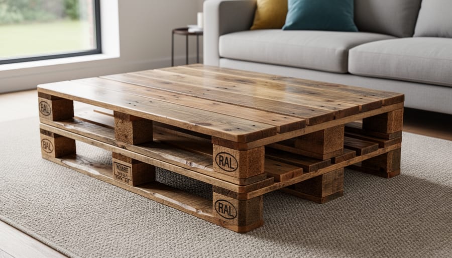 Rustic pallet coffee table styled in a cozy living room with warm lighting