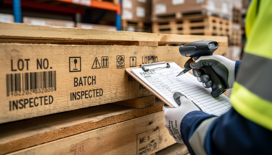 Gloved hand inspecting a reclaimed wooden pallet for stamp markings on a workbench