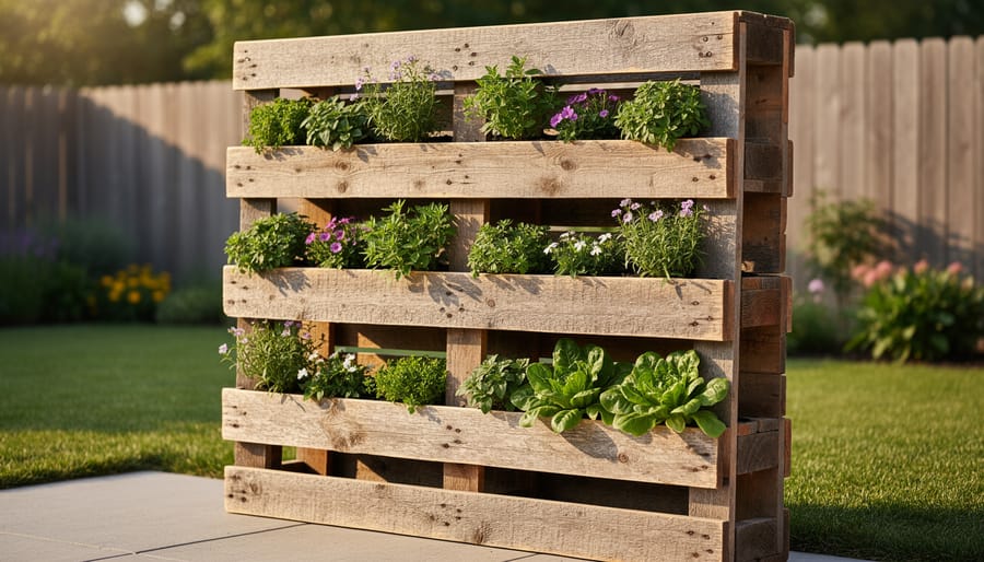 Vertical garden planter made from pallet wood mounted outdoors with green herbs