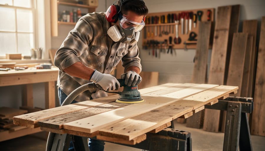 DIY woodworker sanding pallet boards while wearing safety glasses and a dust mask