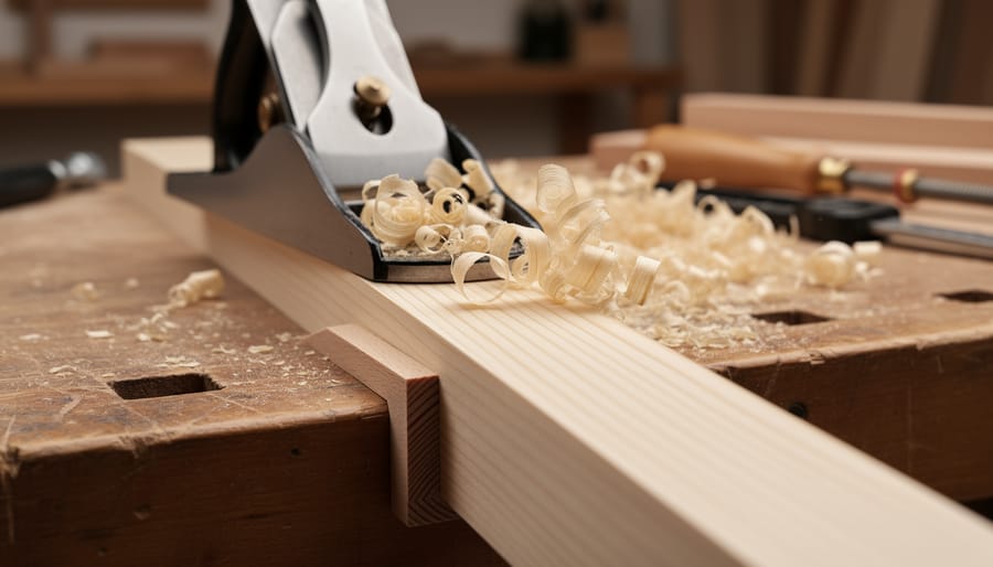 Block plane smoothing a wooden board edge with wood shavings