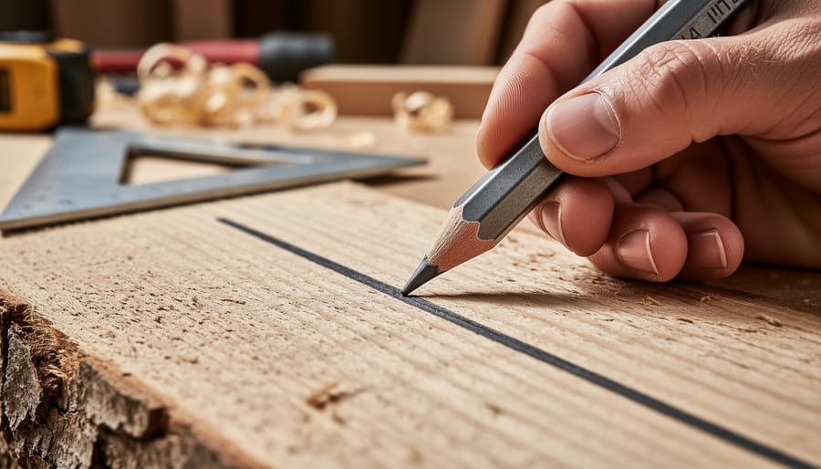 Carpenter’s pencil drawing a line on rough lumber