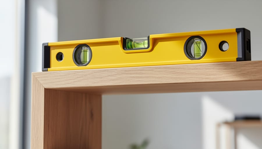 Wood level placed on a shelf frame to confirm correct alignment