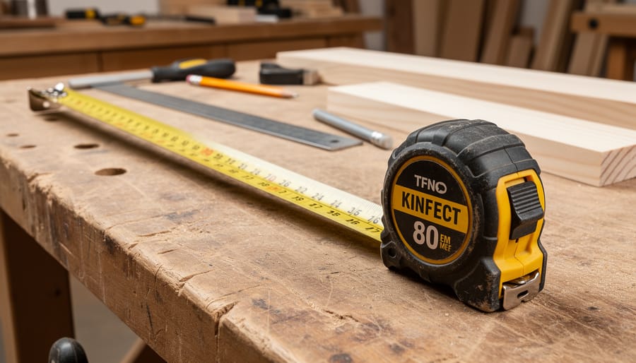 25-foot tape measure with locking mechanism on a wooden workbench beside lumber
