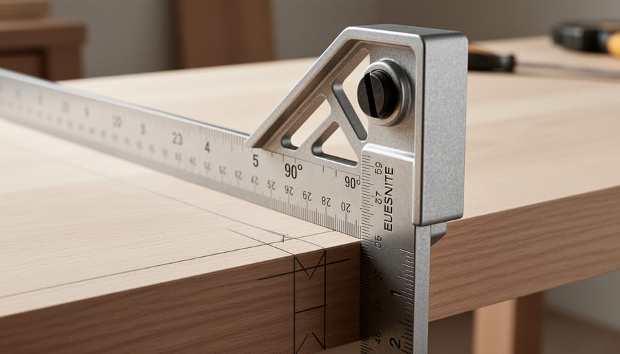 Combination square set on a plywood panel to mark an accurate angle