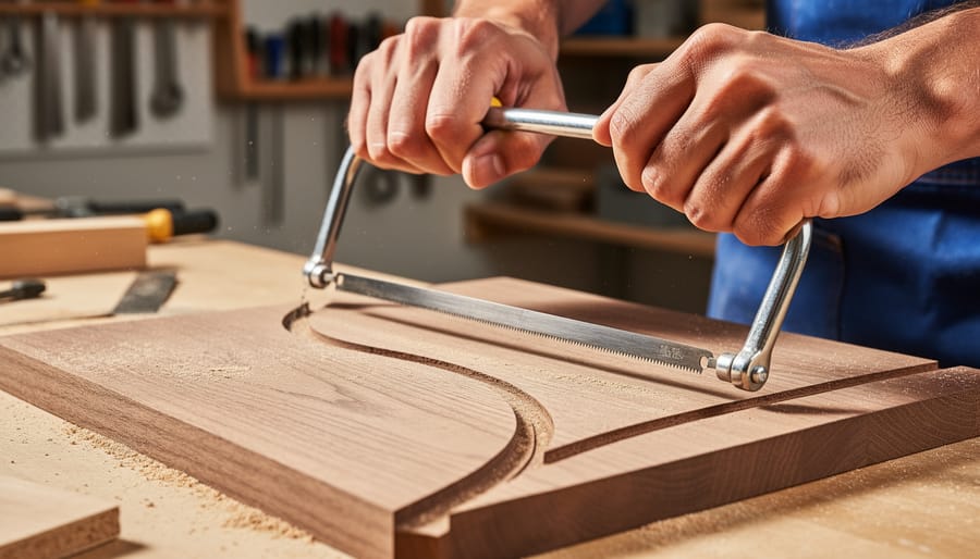 Coping saw cutting a curved line in a wooden panel
