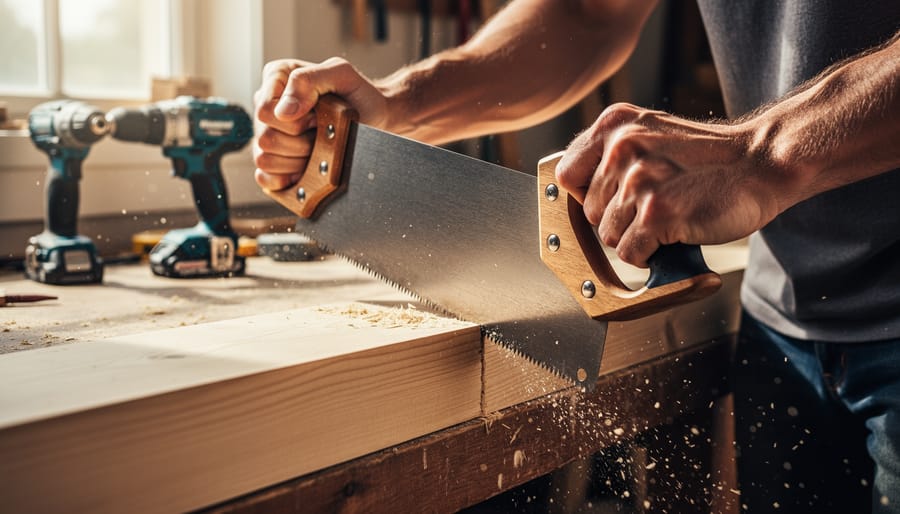 Hand saw cutting a wooden plank on a sawhorse