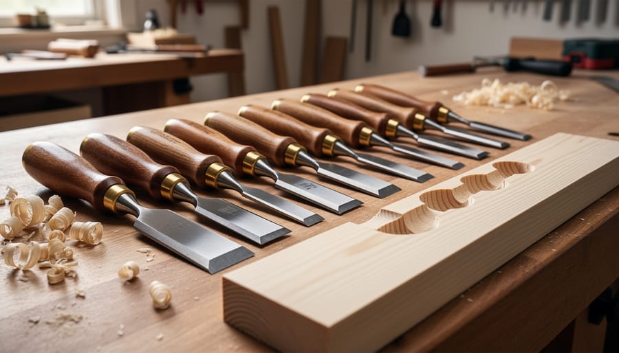 Woodworking chisels on a workbench with one chisel poised for paring